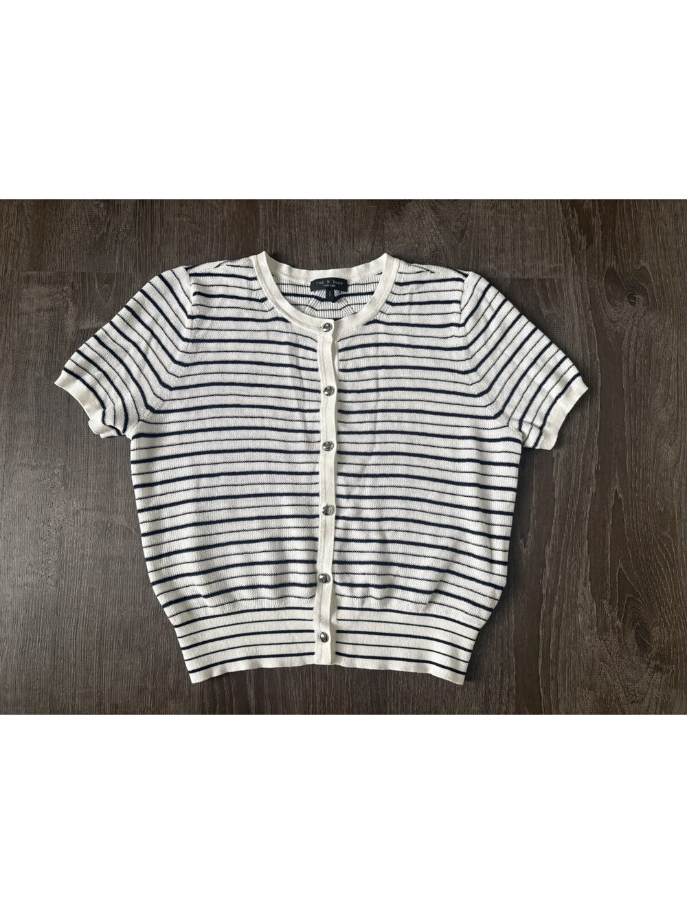 Rag&bone Dina Short Sleeve Cotton Blend Cardigan Sz Small Stripped Blue & White
